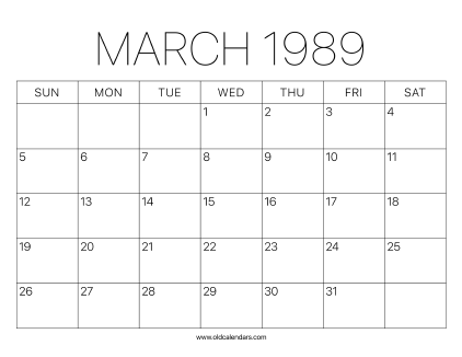 1989 Calendar March
