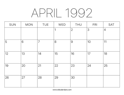 1992 Calendar April