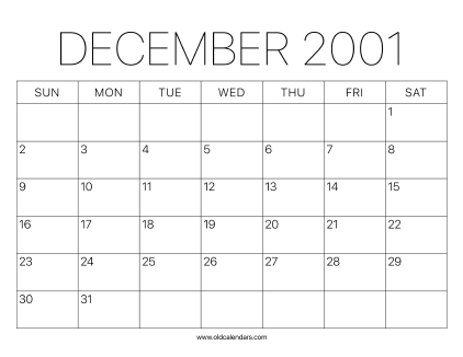 2001 Calendar December