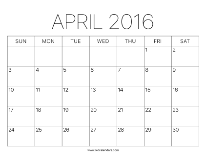 2016 Calendar April