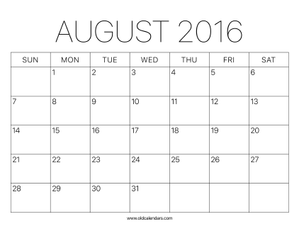 2016 Calendar August