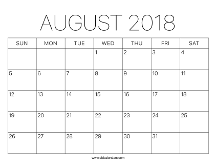 2018 Calendar August