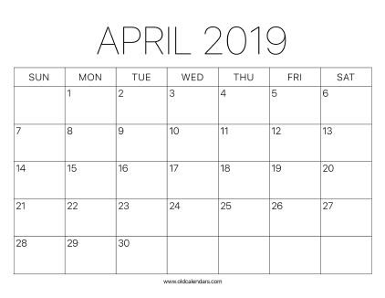 2019 Calendar April