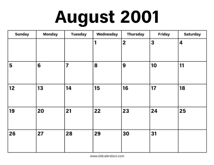 August 2001 Calendar