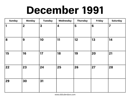 December 1991 Calendar