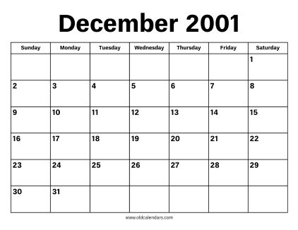 December 2001 Calendar