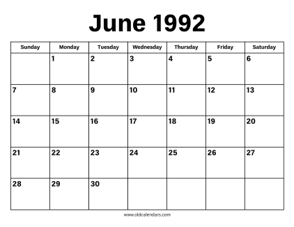June 1992 Calendar
