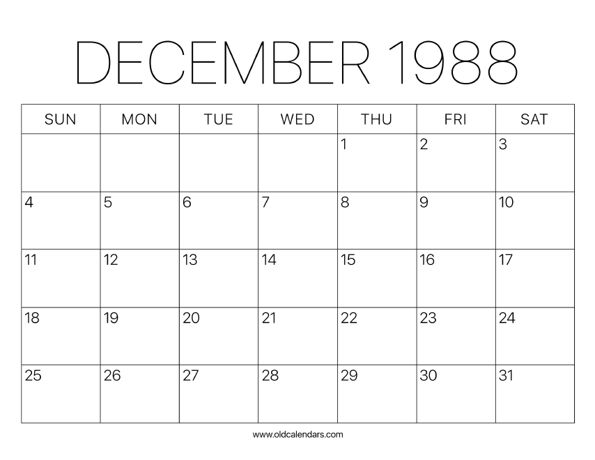 1988 Calendar December – Printable Old Calendars 1988 Calendar December – Printable Old Calendars