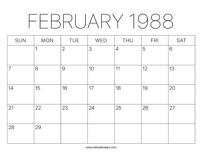 1988 Calendar February – Printable Old Calendars