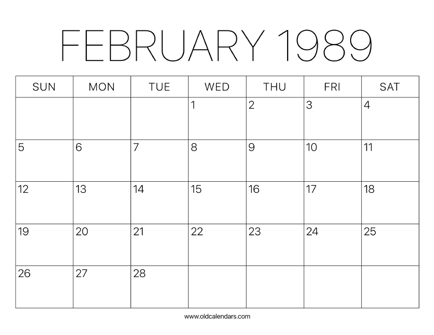 1989 Calendar February – Printable Old Calendars 1989 Calendar February – Printable Old Calendars