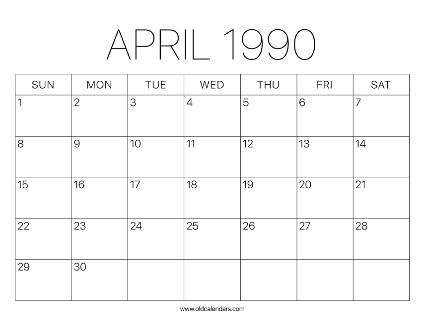 1990 Calendar April Printable Old Calendars 1990 Calendar April Printable Old Calendars