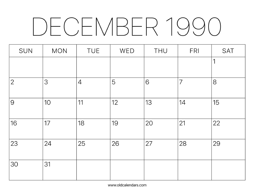 1990 Calendar December – Printable Old Calendars
