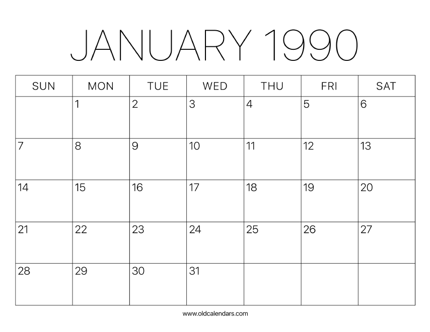 1990 Calendar January – Printable Old Calendars 1990 Calendar January – Printable Old Calendars