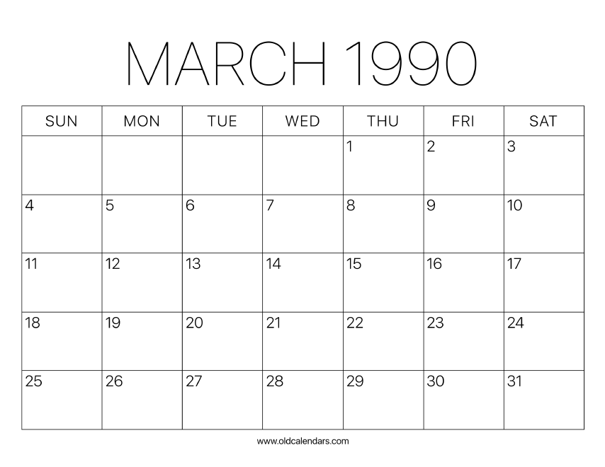1990 Calendar March – Printable Old Calendars