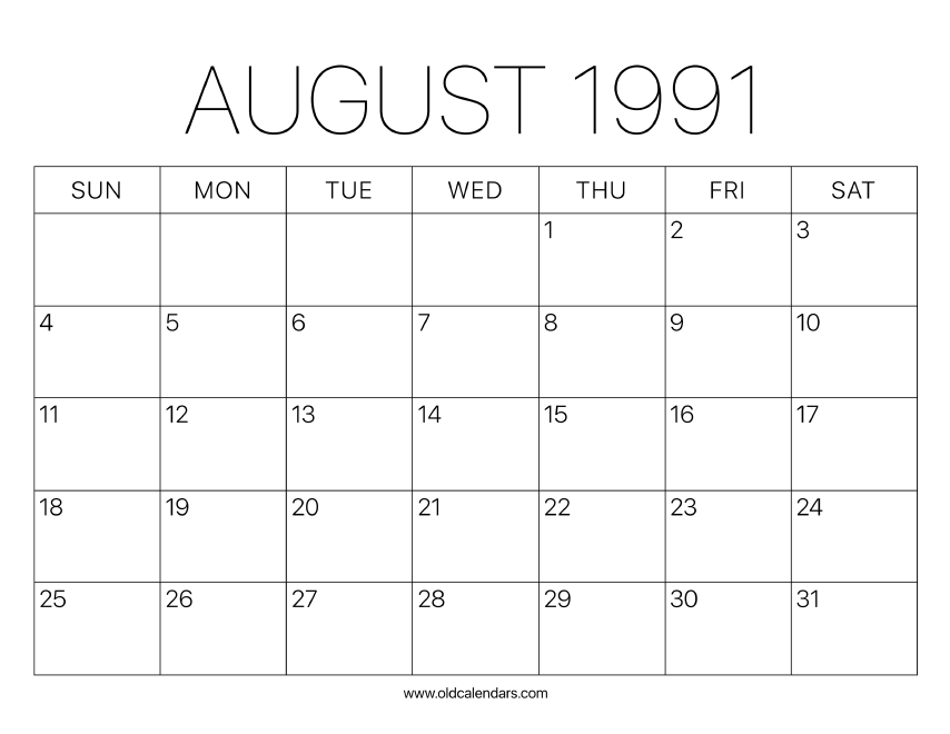 1991 Calendar August – Printable Old Calendars