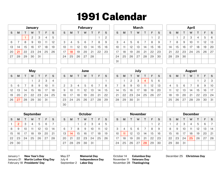 1991 Calendar – Old Calendars 1991 Calendar – Old Calendars