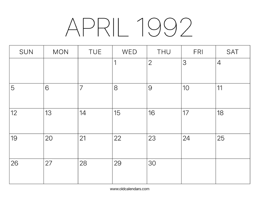 1992 Calendar April Printable Old Calendars