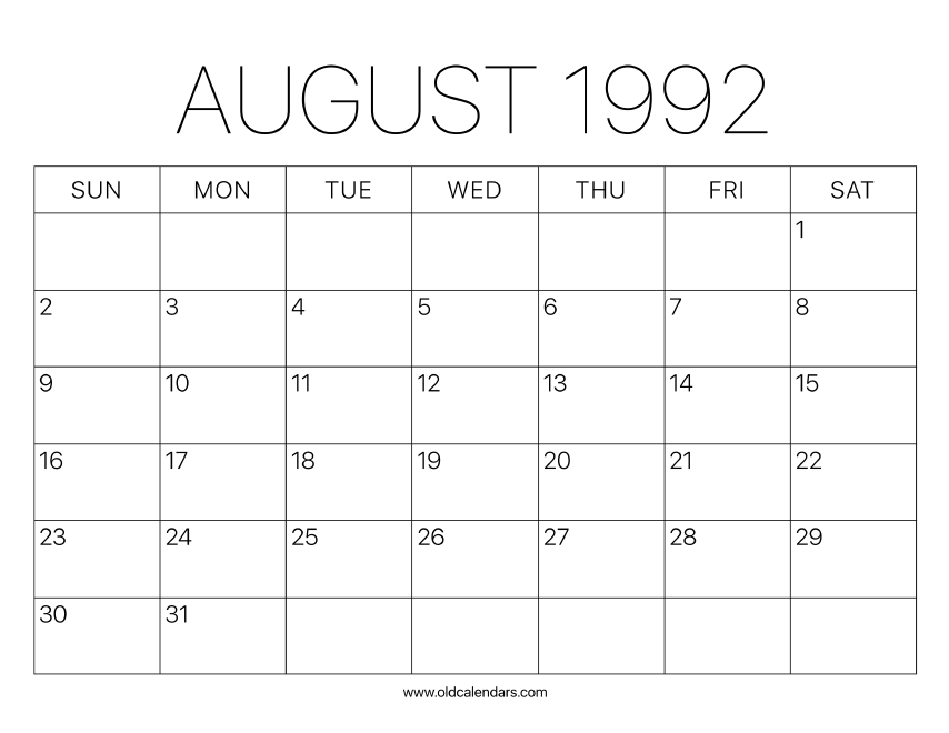 1992 Calendar August – Printable Old Calendars 1992 Calendar August – Printable Old Calendars