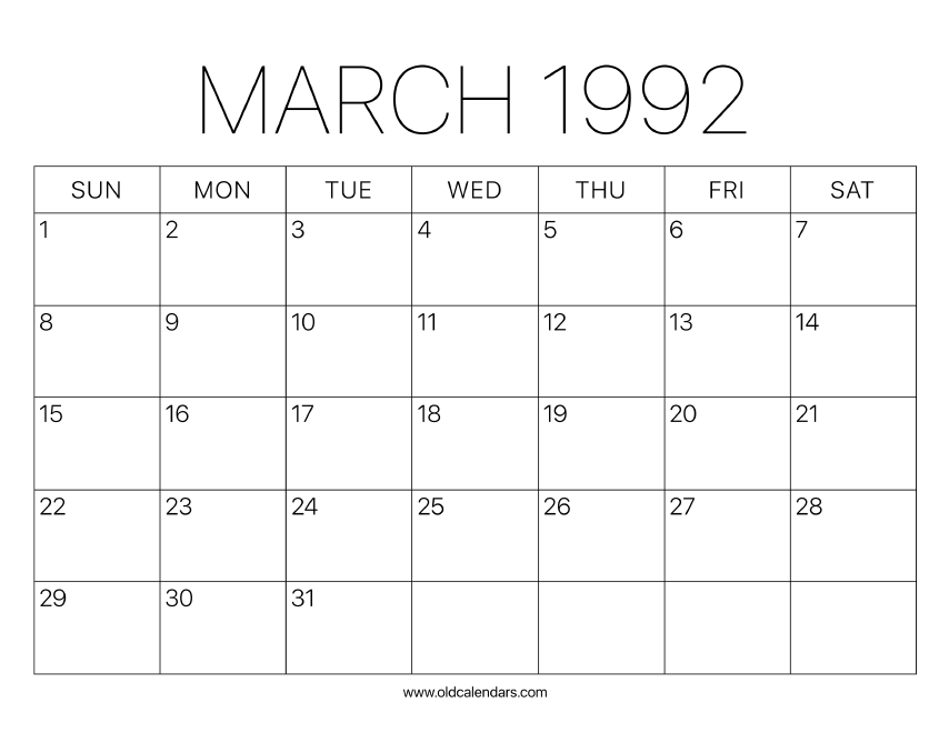 1992 Calendar March Printable Old Calendars