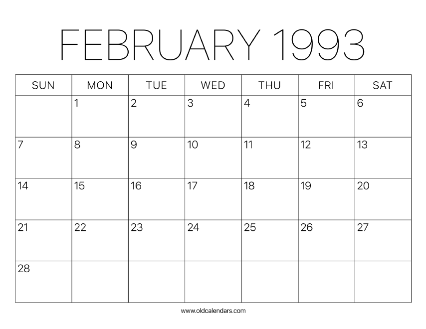 1993 Calendar February – Printable Old Calendars 1993 Calendar February – Printable Old Calendars