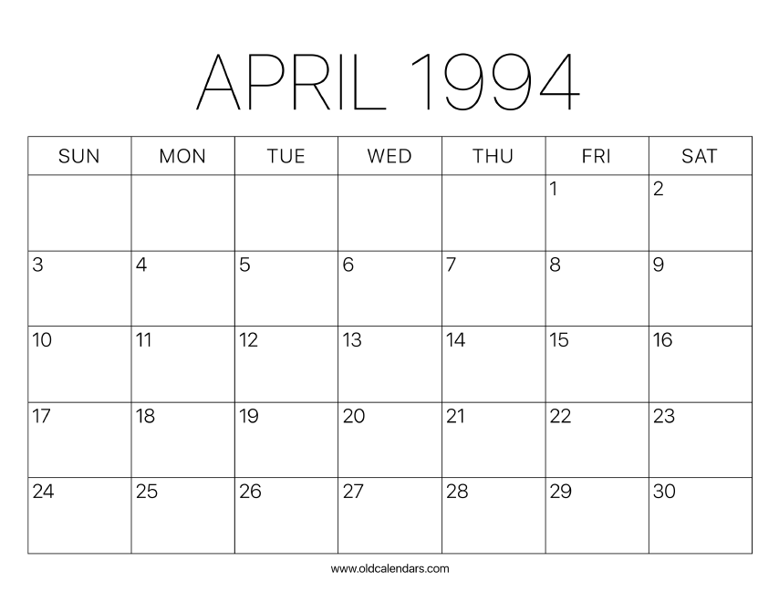 1994 Calendar April – Printable Old Calendars 1994 Calendar April – Printable Old Calendars