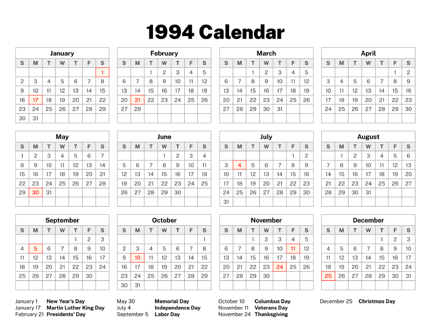 1994 Calendar Old Calendars