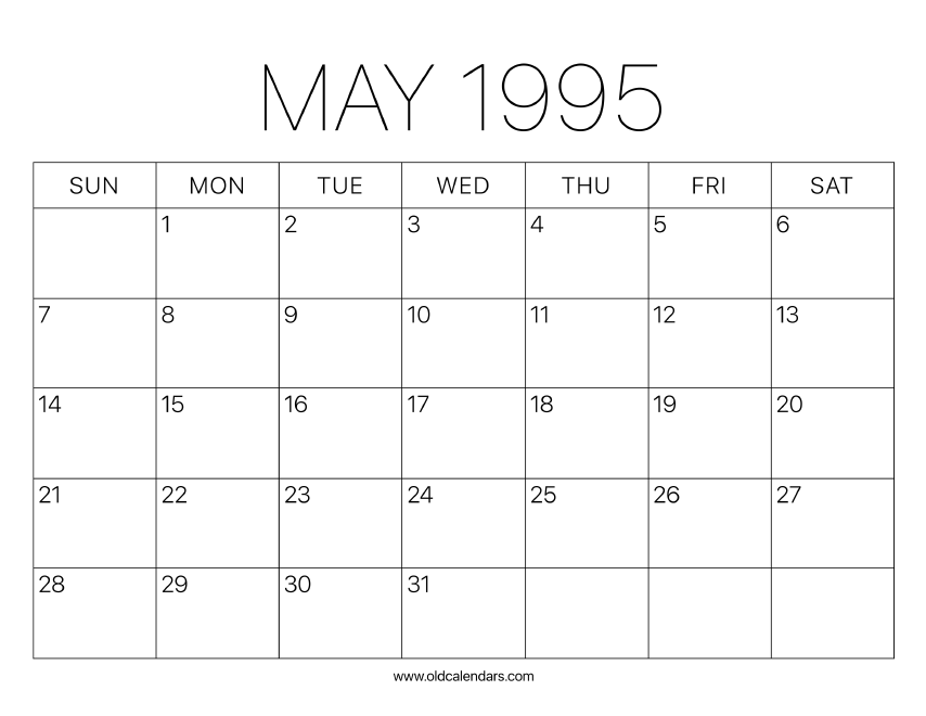 1995 Calendar May – Printable Old Calendars 1995 Calendar May – Printable Old Calendars