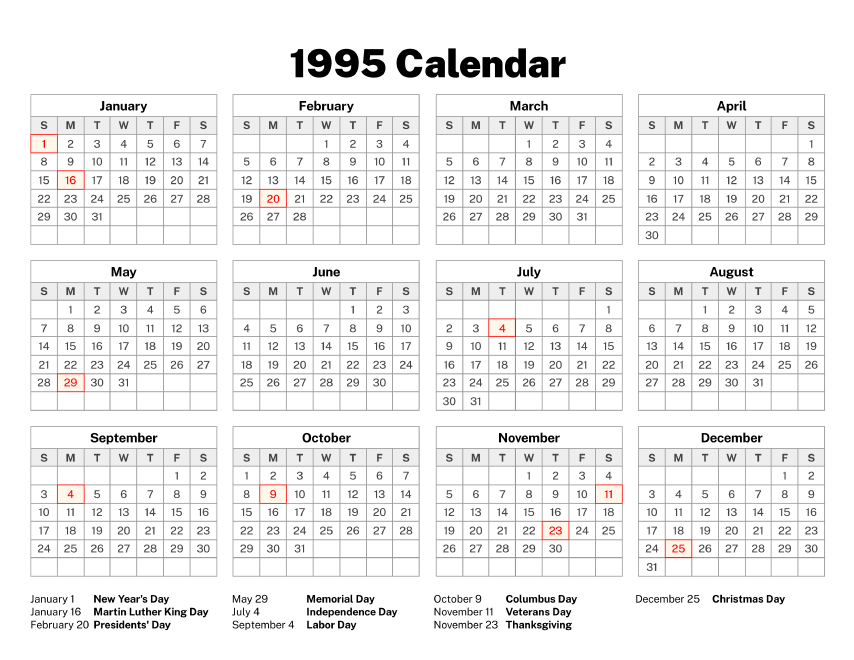 1995 Calendar Old Calendars