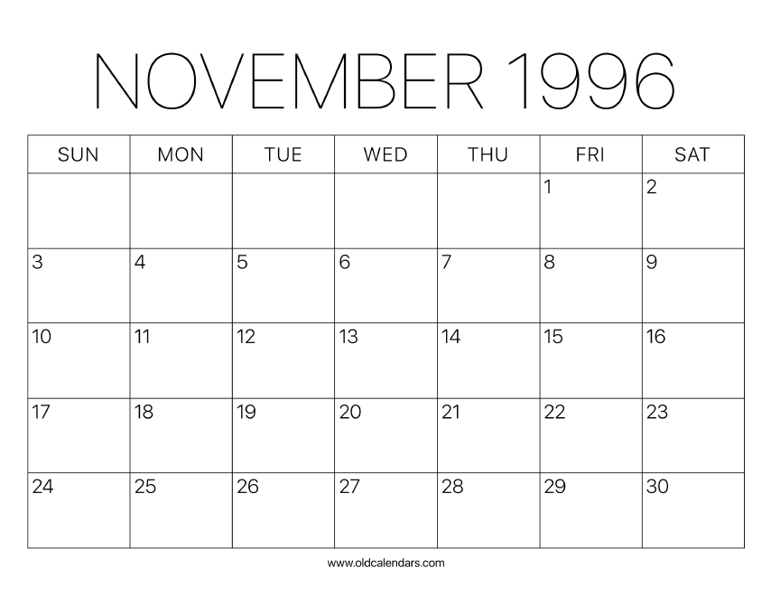 1996 Calendar November – Printable Old Calendars 1996 Calendar November – Printable Old Calendars