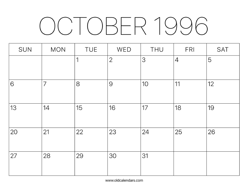 1996 Calendar October – Printable Old Calendars 1996 Calendar October – Printable Old Calendars