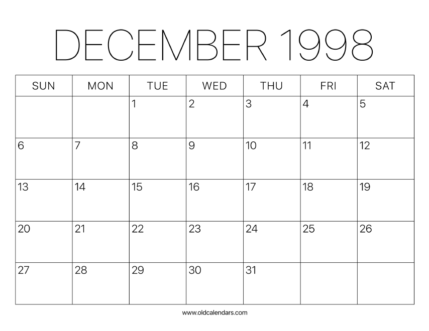 1998 Calendar December Printable Old Calendars