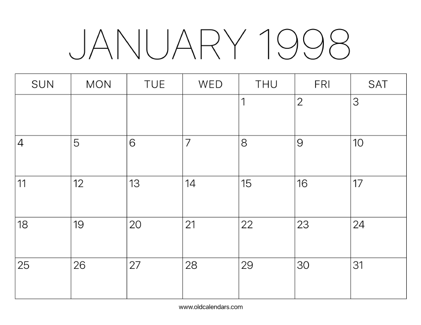 1998 Calendar January – Printable Old Calendars