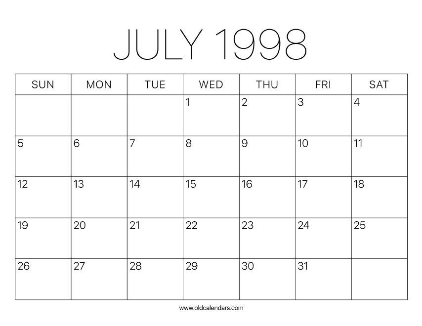 1998 Calendar July Printable Old Calendars