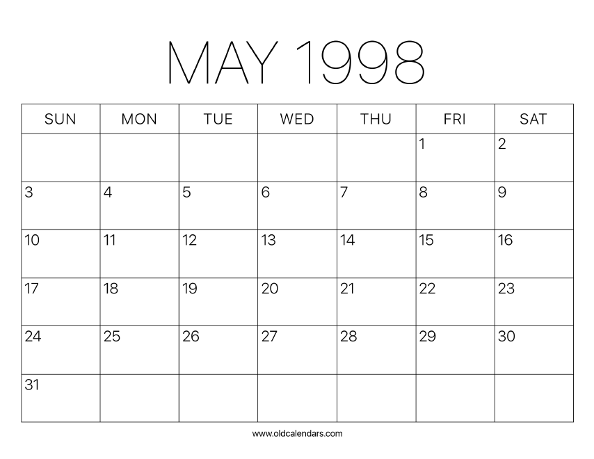 1998 Calendar May – Printable Old Calendars 1998 Calendar May – Printable Old Calendars