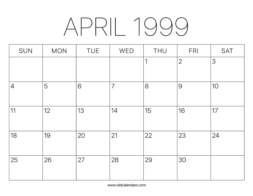 1999 Calendar April – Printable Old Calendars 1999 Calendar April – Printable Old Calendars