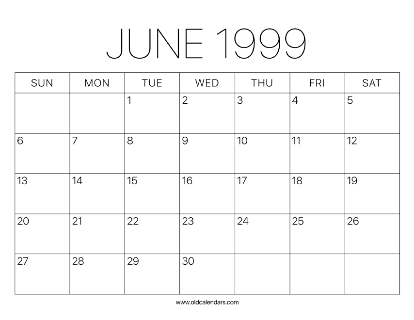 1999 Calendar June Printable Old Calendars
