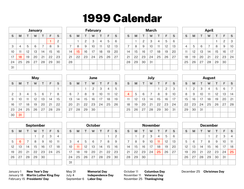 1999 Calendar – Old Calendars 1999 Calendar – Old Calendars
