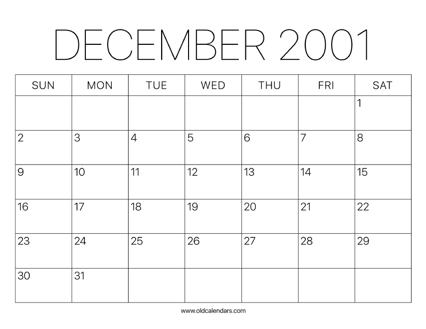 2001 Calendar December Printable Old Calendars 2001 Calendar December Printable Old Calendars