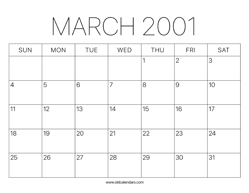 2001 Calendar March – Printable Old Calendars 2001 Calendar March – Printable Old Calendars