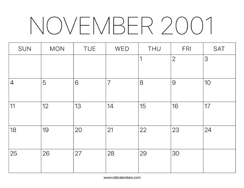 2001 Calendar November – Printable Old Calendars