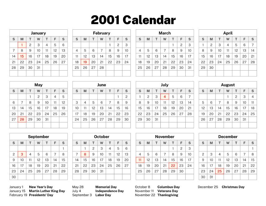 2001 Calendar Old Calendars