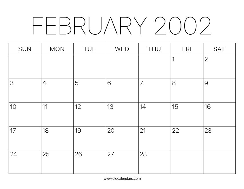 2002 Calendar February – Printable Old Calendars