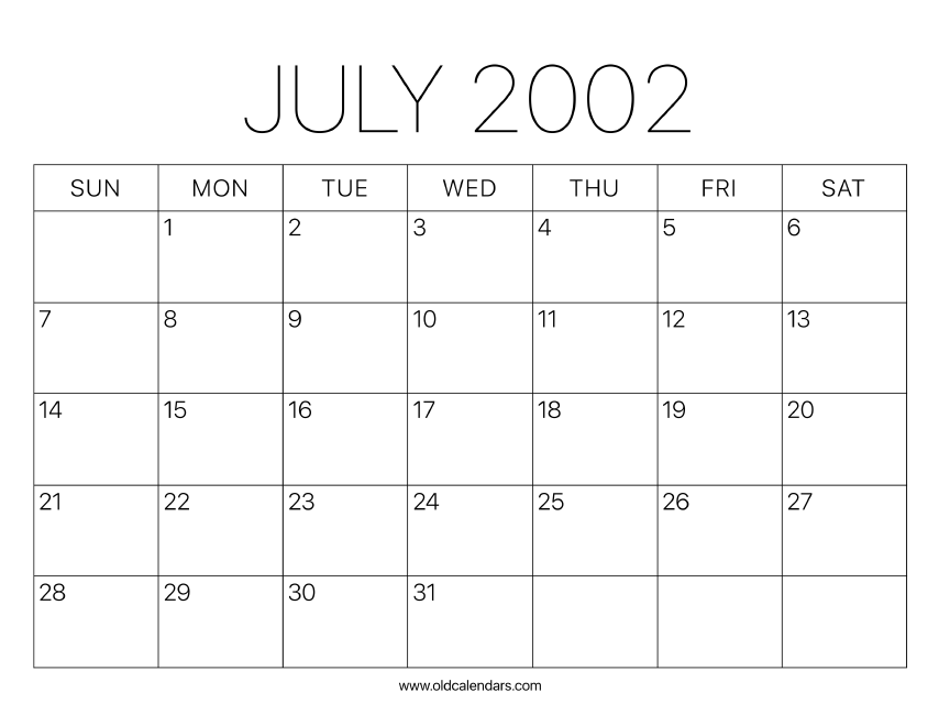 2002 Calendar July – Printable Old Calendars