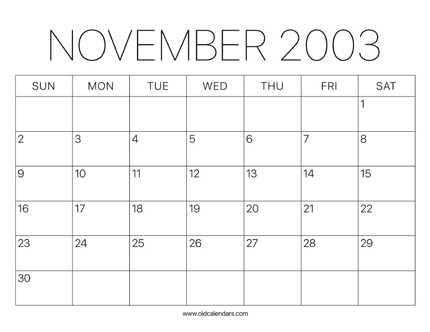 2003 Calendar November Printable Old Calendars