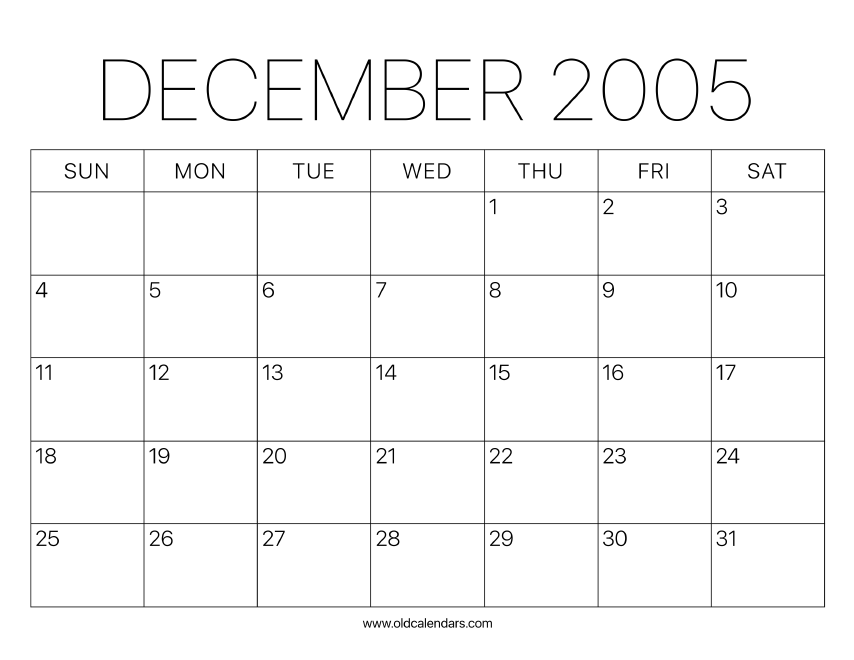2005 Calendar December – Printable Old Calendars