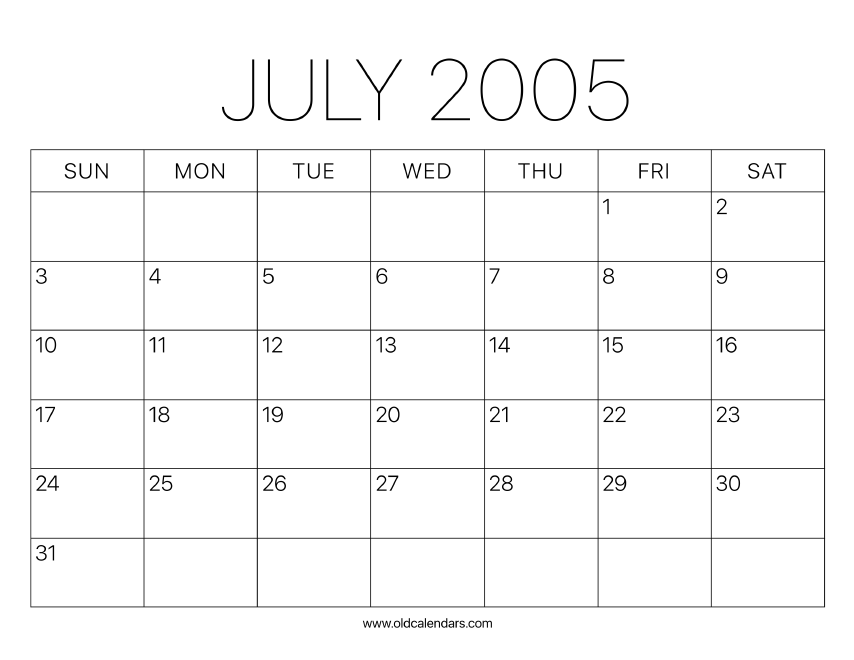 2005 Calendar July Printable Old Calendars