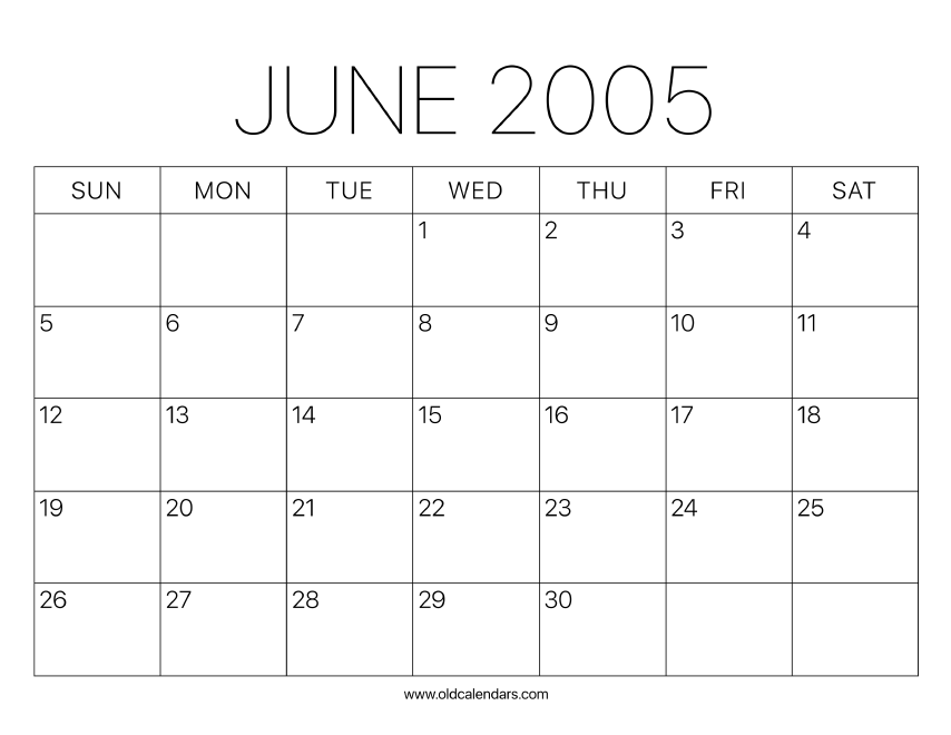 2005 Calendar June Printable Old Calendars
