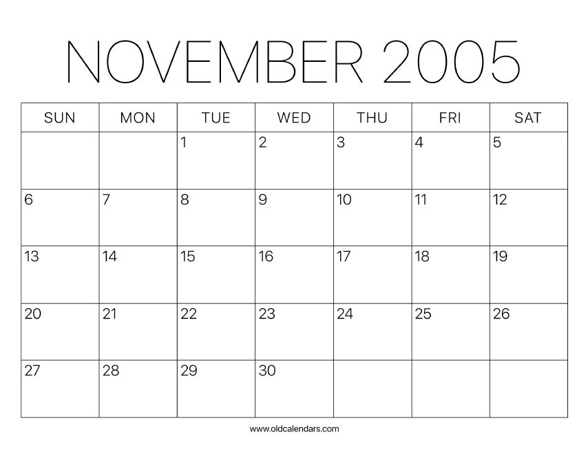 2005 Calendar November – Printable Old Calendars