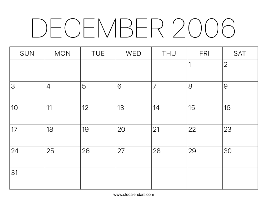 2006 Calendar December Printable Old Calendars