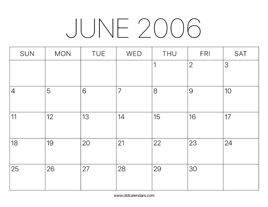 2006 Calendar June – Printable Old Calendars